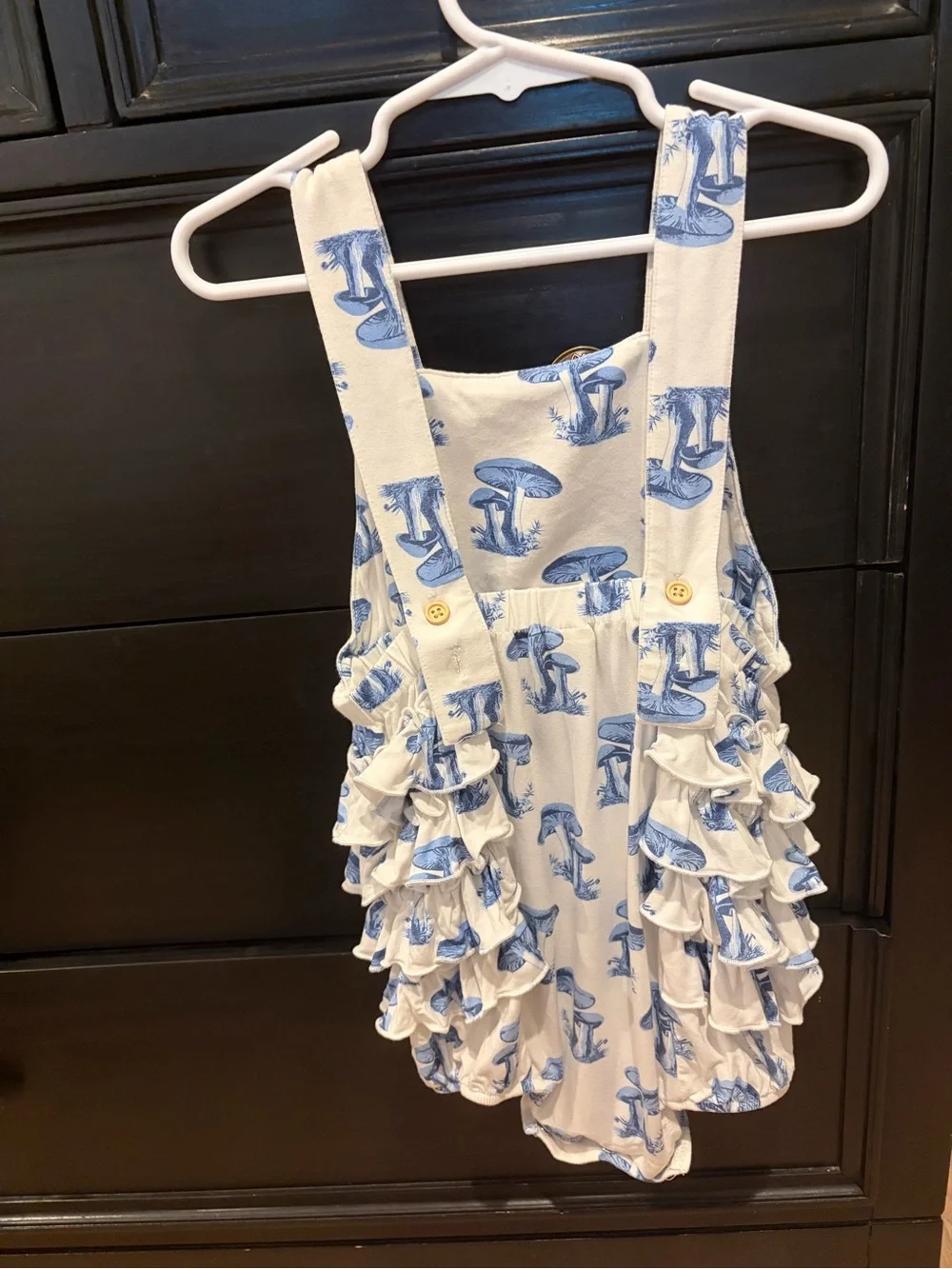 Girls Cream and Blue Mushroom Print Ruffle romper